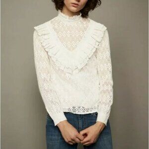 MAJE Limba Open Knit High Neck Ruffle Crochet Lace Sweater Top Ecru Size 1